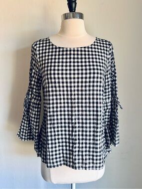 Madewell Black and White Gingham 3/4 Tie-Sleeve Cotton Blouse, Sz S Cottagecore